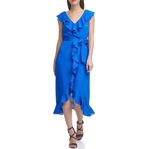 DKNY NWT Cascading Ruffle Trim V Neck Sleeveless Faux Wrap Hi Lo Hem Dress